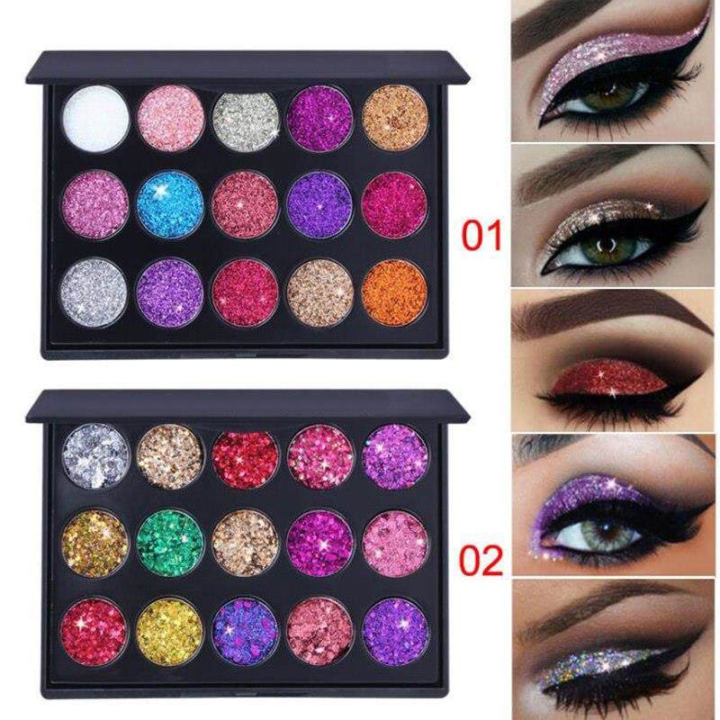 Female Natural Waterproof Glitter Eyeshadow Palette Shining Metals Powder Shimmer Eye Shadow Pigments Kits Diamond 15 Colors